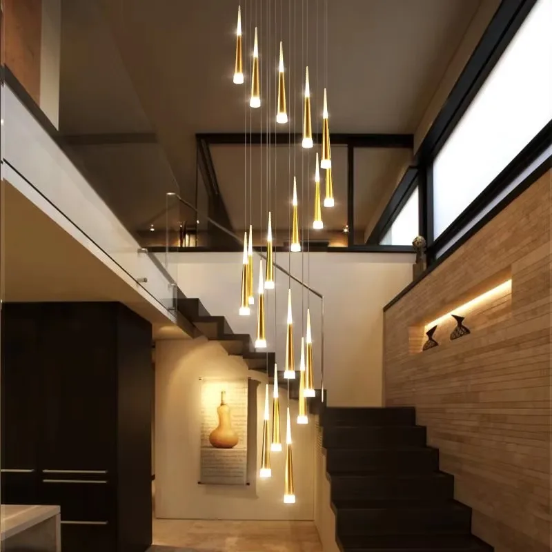 Golden Meteor shower LED Staircase Chandelier Ceiling Modern Minimalist Spiral Hanging lights Living Room Decor indoor Lighting