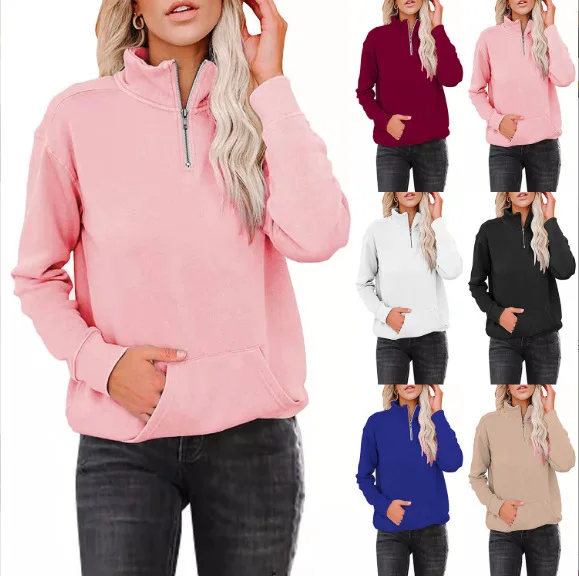 Solid Zip-Up Stand Collar Long Sleeve Sweatshirt Women's Casual Streetwear