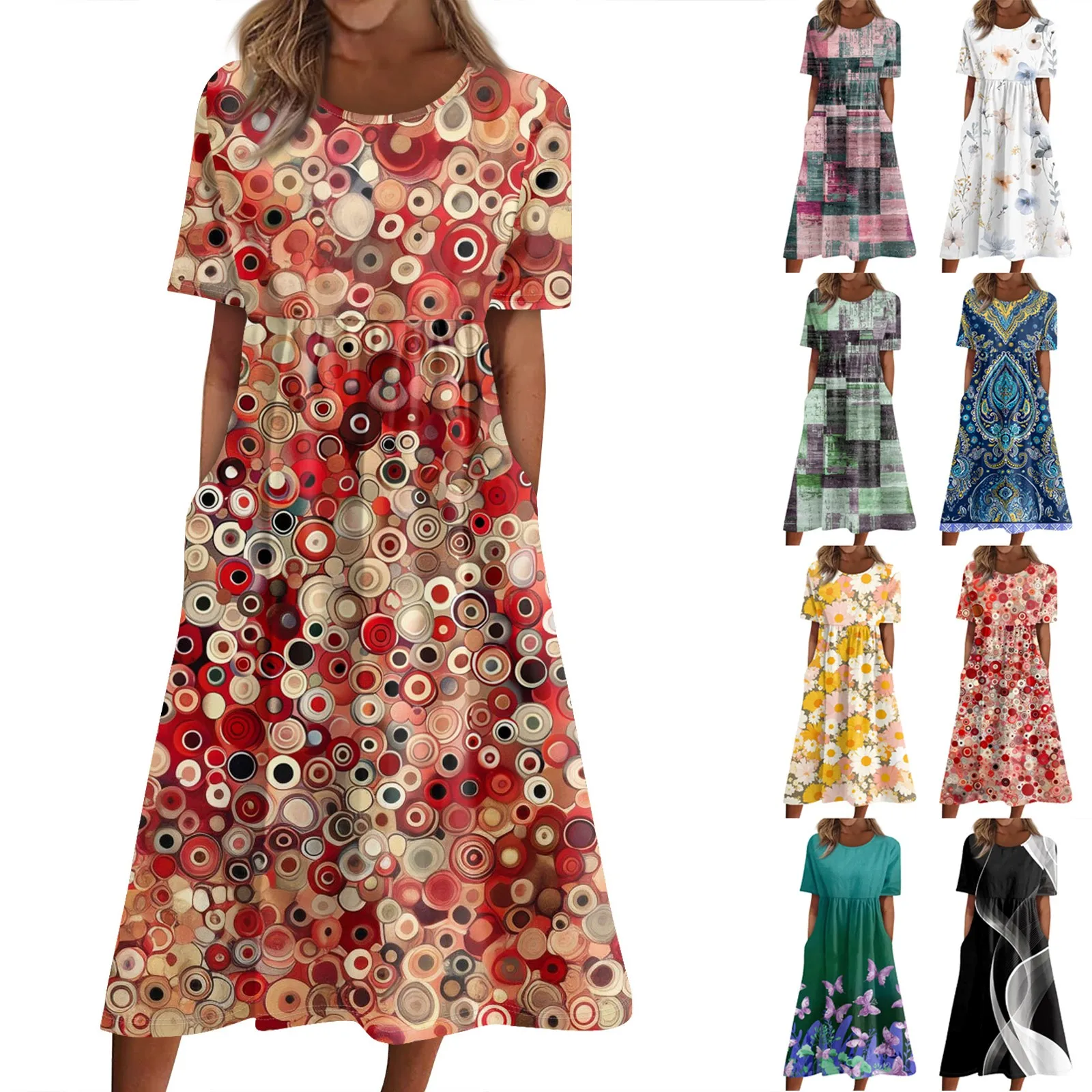 Boho Floral Print Women Dress 2024 Summer Casual Round Neck Short Sleeve A Line Long Dresses Female Beach Vacation Sundress