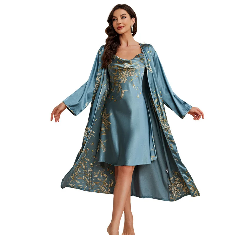 Plus Size 5XL Female 2PCS Robe&Gown Set Nightgown Cherry Printing Long Kimono Bathrobe Gown Sleepwear Sexy Nightdress Homewear - Image 2