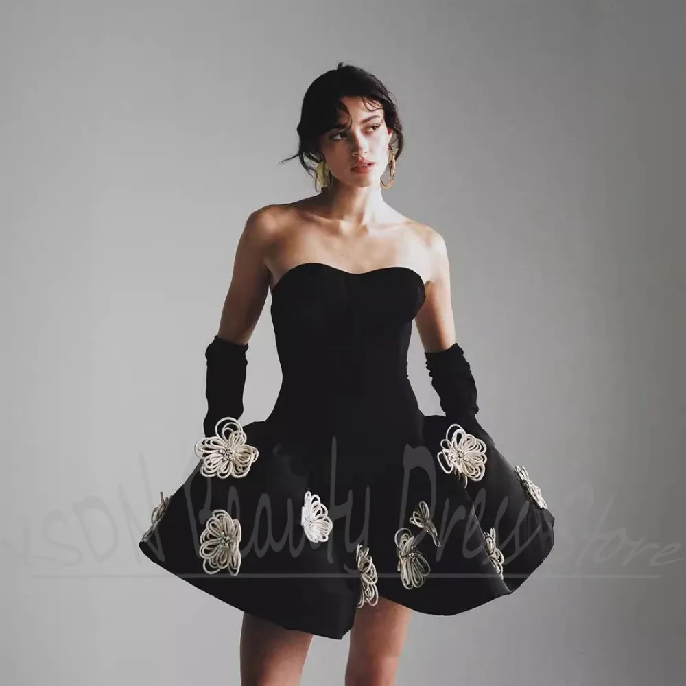 

Chic Flowers Women Dresses Strapless Pleated Mini Ball Gowns High Quality Fashion Elegant Sleeveless Short Party Dresses