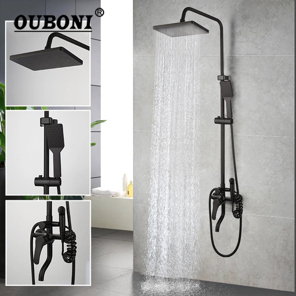 OUBONI Matte Black Bathroom Shower Faucet Set Rainfall Shower Mixer Bathtub Shower Faucet 3-ways Control w/ Hand Shower Mixer