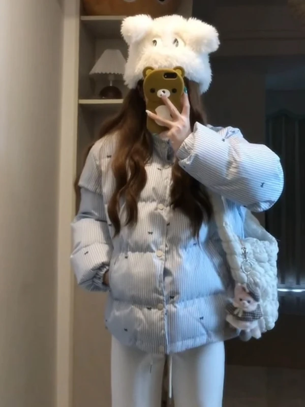 

Winter Thiened Blue Striped Knot Cotton Jaet Women's Korean Sle Warm Bread Trendy Loose Fit Long Sve Coat