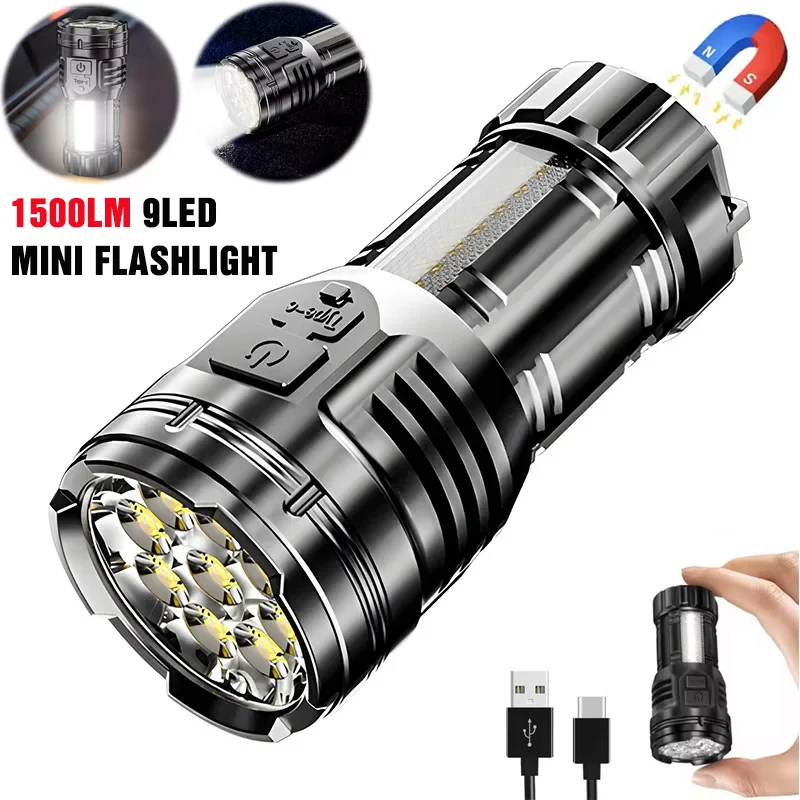 

Super Bright 9LED Mini Flashlight Outdoor Rechargeable Camping Tactical Torchs Mini 2000LM Flashlight With Tail Magnet COB Light