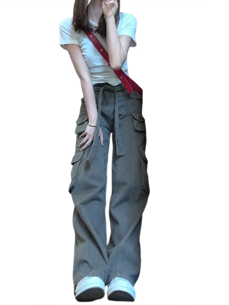 Militärische Arbeitskleidung, weite Beinhose für Damen, Sommer, dünn, locker, lässig, Sport, lange Hose, hohe Taille, Baumwolle, 00 %