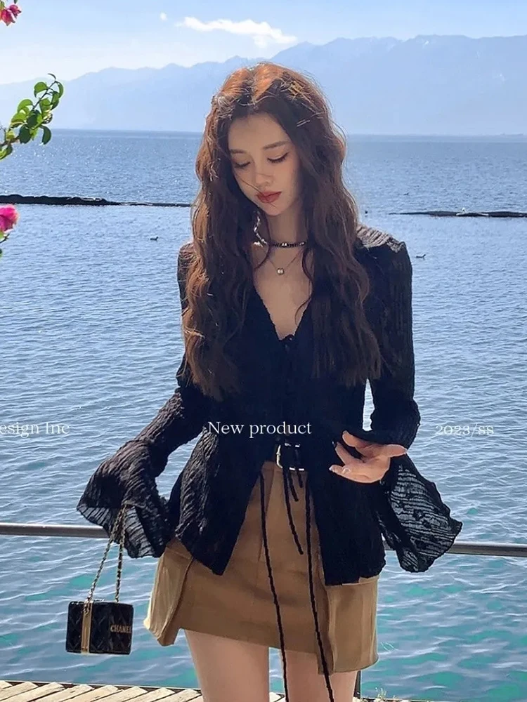 Zoki Sexy See Through Women Blouse Korean Hollow Out Sun Proof Tops Beach Flare Sleeve Female Slim Solid Lace Up Casual Shirt