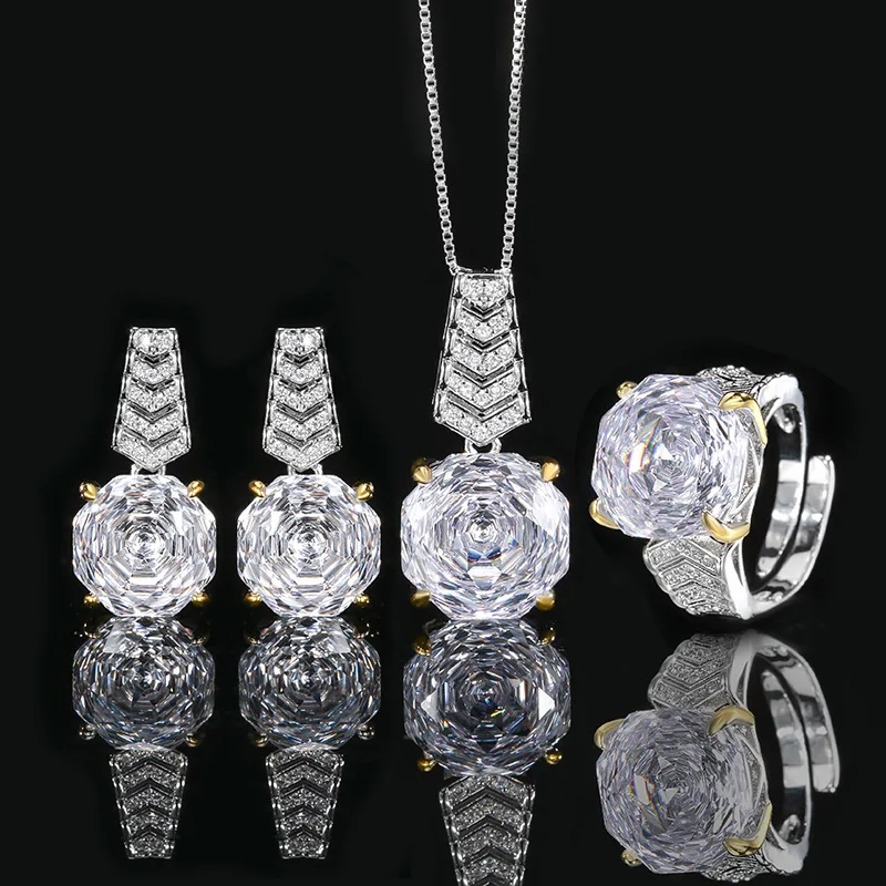 

2025 New Model Simulation Jewelry Copper Gold-plated Rose Cut Necklace, Earrings and Ring 3 Pieces Set 14-12mm