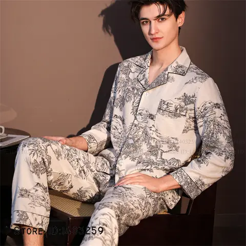 Plus Size Chinese Style Men Pajamas Set Loungewear Ice Silk Linen Long Sleeve Trouser Pijamas Suit Spring Male Homewear Pyjama
