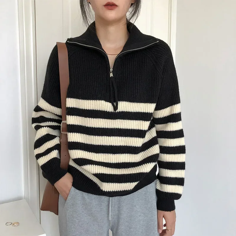 Striped Zipper Kintted Cardigan Women Pullovers Autumn Winter Black Jumpers Crochet Loose Long Sleeve Sweater 2022 Jumper Causal