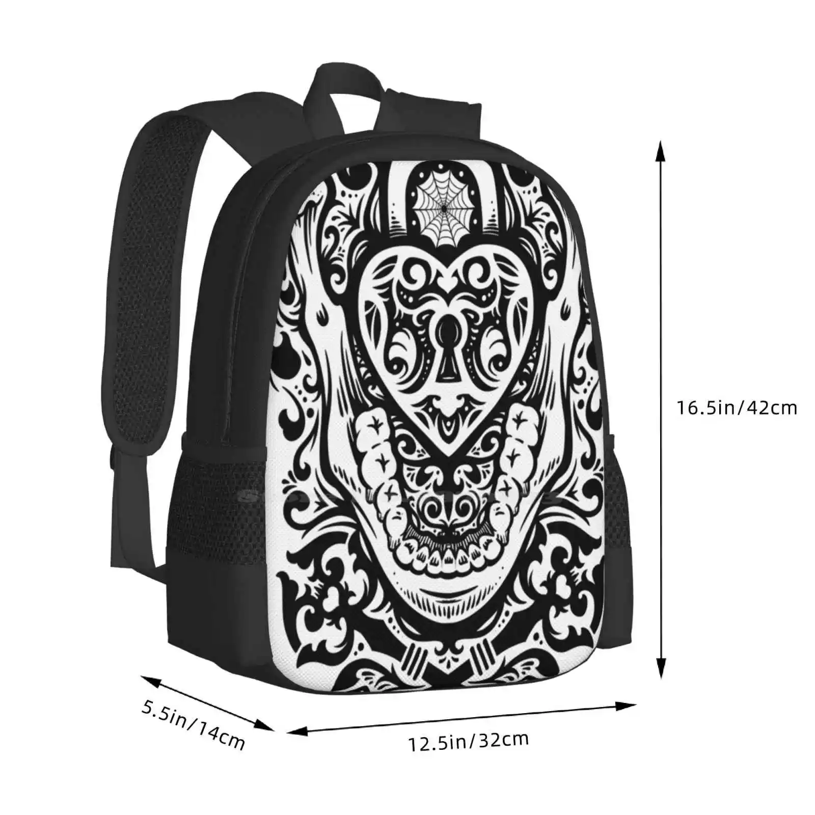 Mochila de diseño con estampado 3D The Key To My Teeth, bolso de estudiante, Calavera, hueso, corazón, cerradura de llave, Punk de Metal de terror