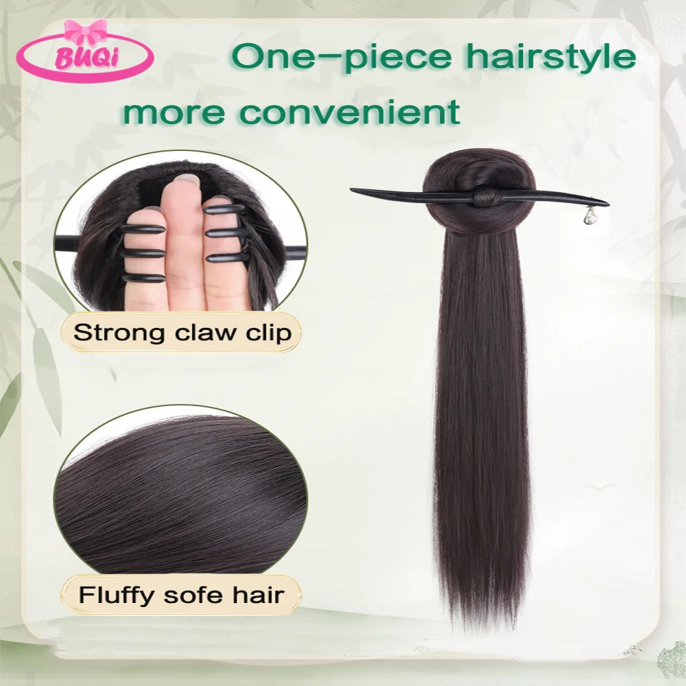 BUQI New Chinese Wig Hanfu Hair Extension With Ebonized Wood Hair Sticks Forks Integrated Hair Bun Ponytail For Girls