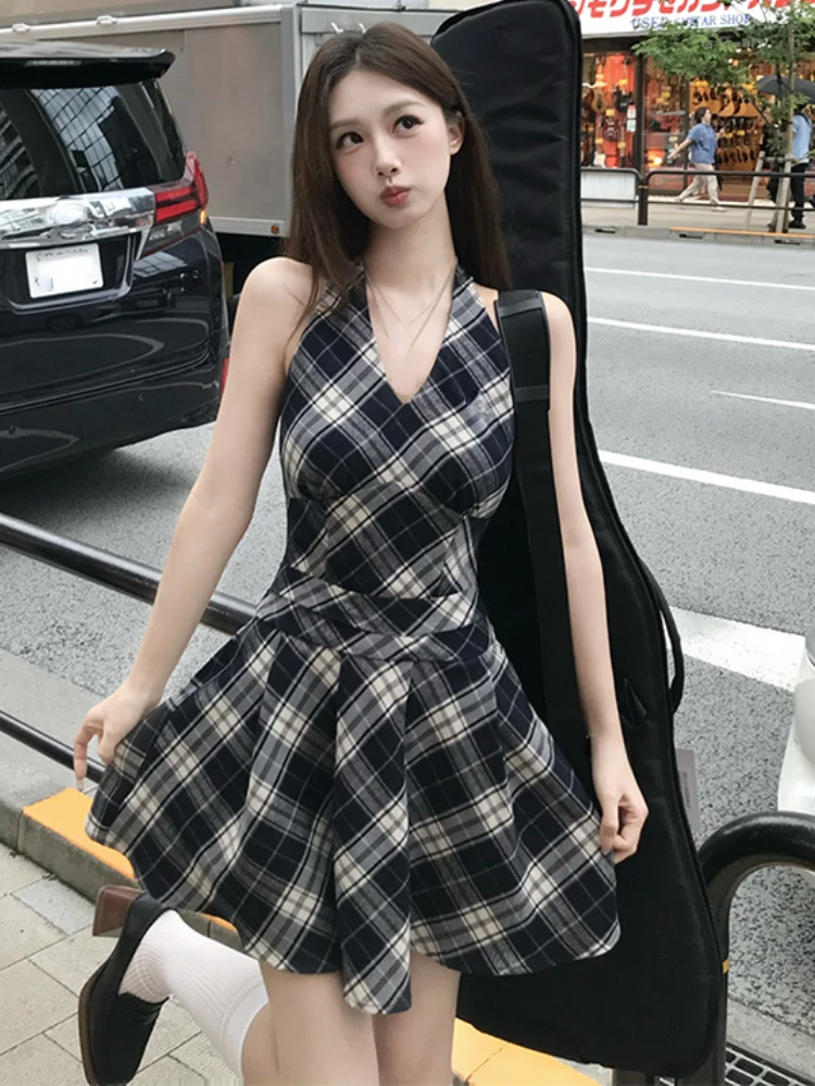 Vintage Y2k Mini Dress Women Casual Plaid Bow Sleeveless Vest Dress French High Waist Streetwear Style Dress 2024 Summer Fashion