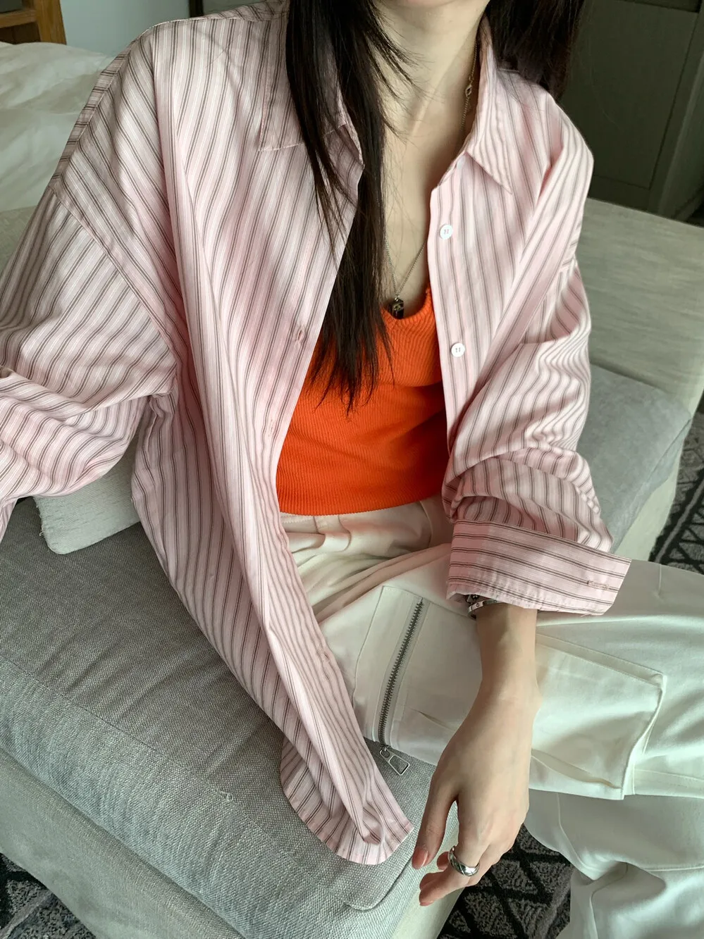 

Lilian Pink Striped Loose Fit Single Button Chic Shirt Versatile Casual Office Wear Breathable Comfortable Long Sleeve Neck