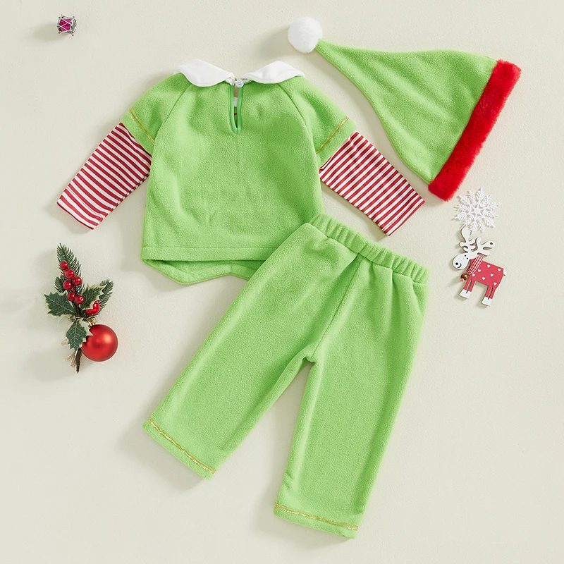 Toddler Boy Girl Santa Claus Cosplay Outfit Fleece Striped Doll Collar Long Sleeve Tops Elastic Waist Pants Hat 3 Piece Set