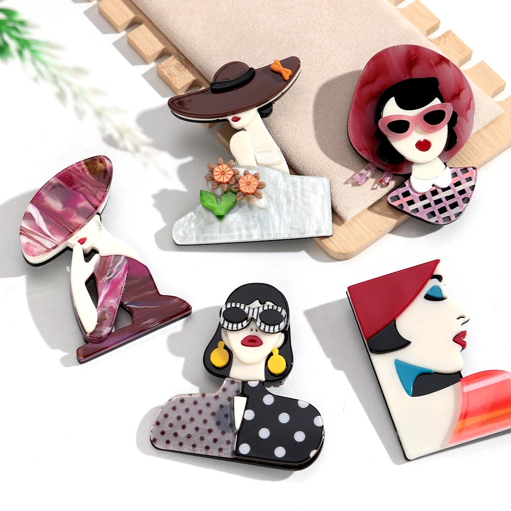 Neue Modische Acryl-Broschen für Damen, Elegante Cartoon-Frauenfiguren-Anstecknadeln, Lässiger Modeschmuck, Kleidungszubehör, Geschenk – Detail 3