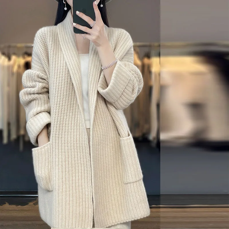 

Autumn Winter New Fashion Chic V-neck Pockets Loose Thick Sweaters Women Temperament Elegant Soft Wool Warm Knitted Cardigan