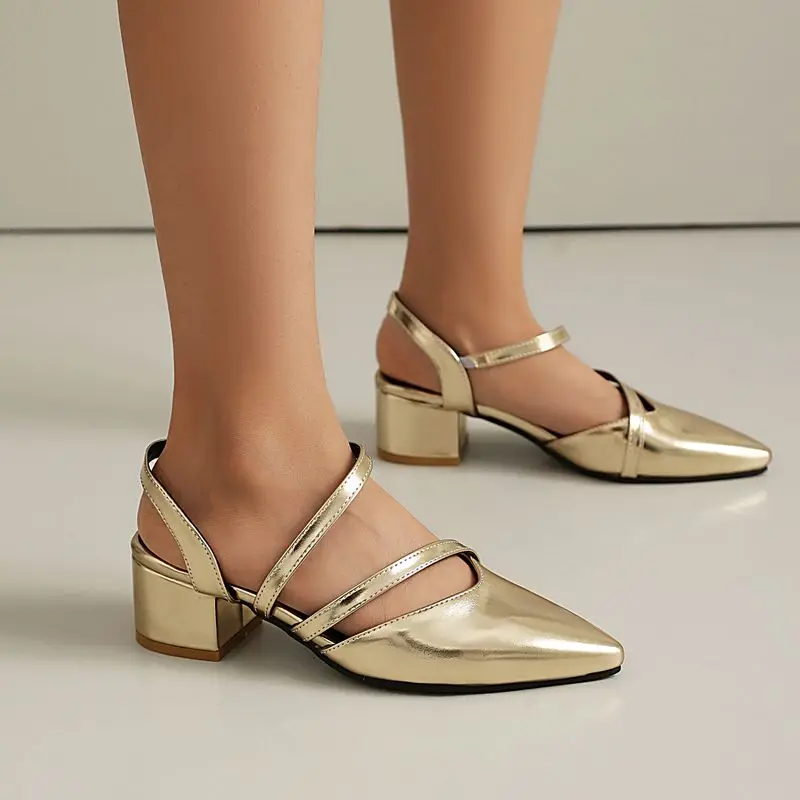 

ORCHALISA 2024, новые модные женские сандалии с острым носком на блочном каблуке 5 см, без шнуровки, большие размеры 41 42 43, блестящая женская обувь для свиданий