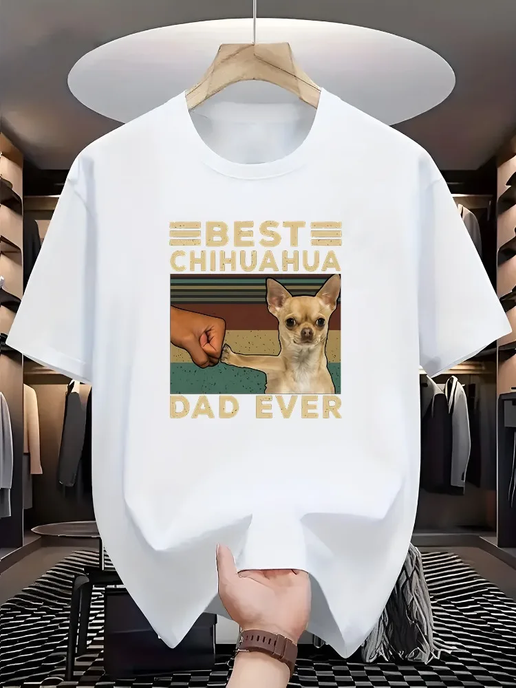 Mens Vintage Cotton Tee Best Chihuahua Dad Ever Retro Stripe Fist Bump Dog Print Pet Lover Male Short Sleeve Gift Top