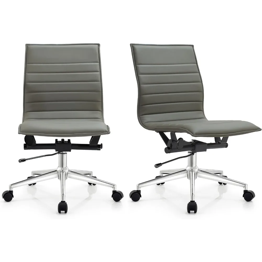 

2xhome Set of 2 Modern Office Desk Chairs | Upholstered Ribbed PU Leather | Armless Mid Back Seat | Adjustable Height, Tilt Lock