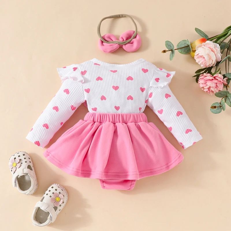 Baby Girls Christmas Clothes Cartoon Embroidered 3D Bow Romper Dress Long Sleeve Skirt Hem Bodysuits Headband 2Pcs Sets Outfit