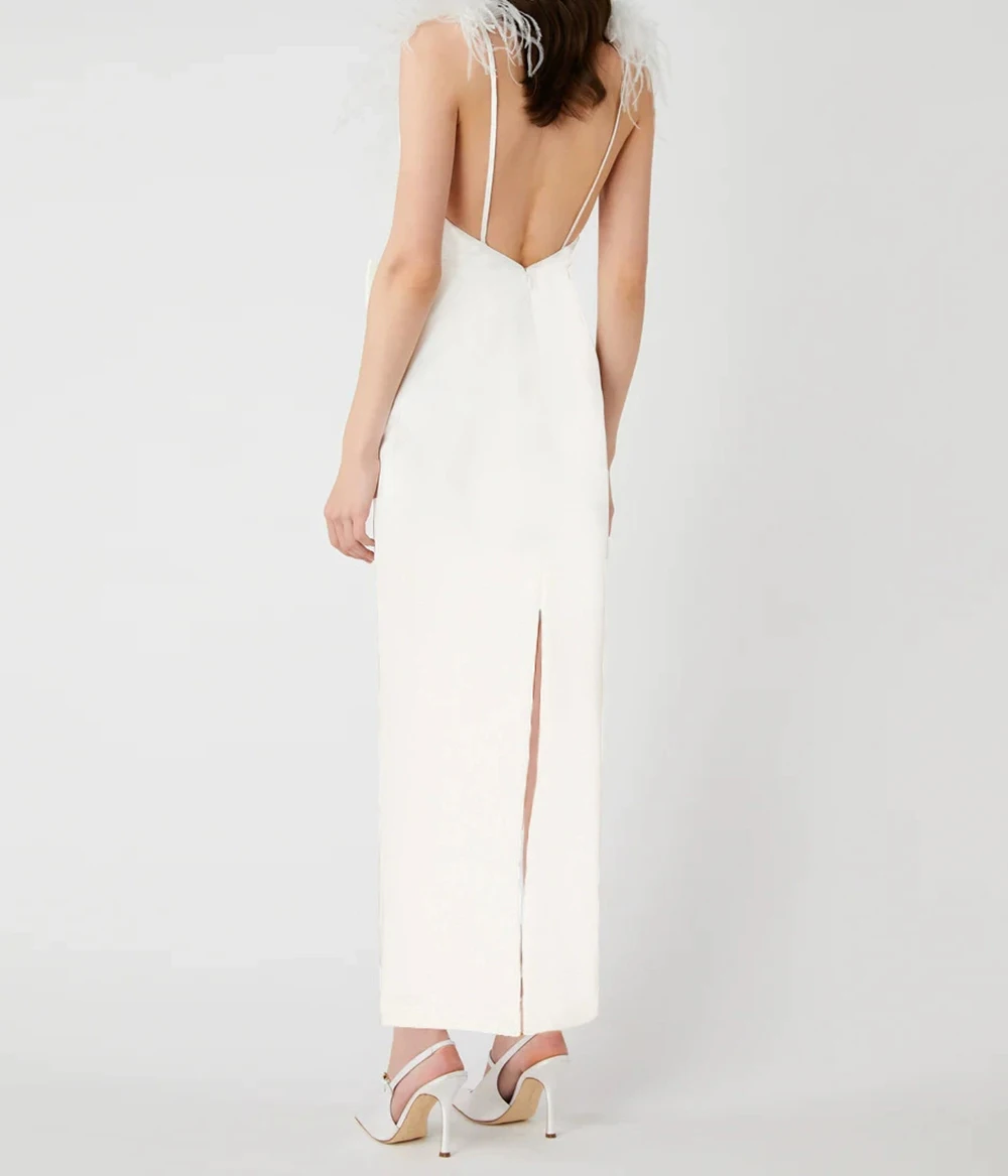 

Bow Bandage Dress Autumn Women's High-end Sense Ladies White Ostrich Feather Dress-GZXX1110