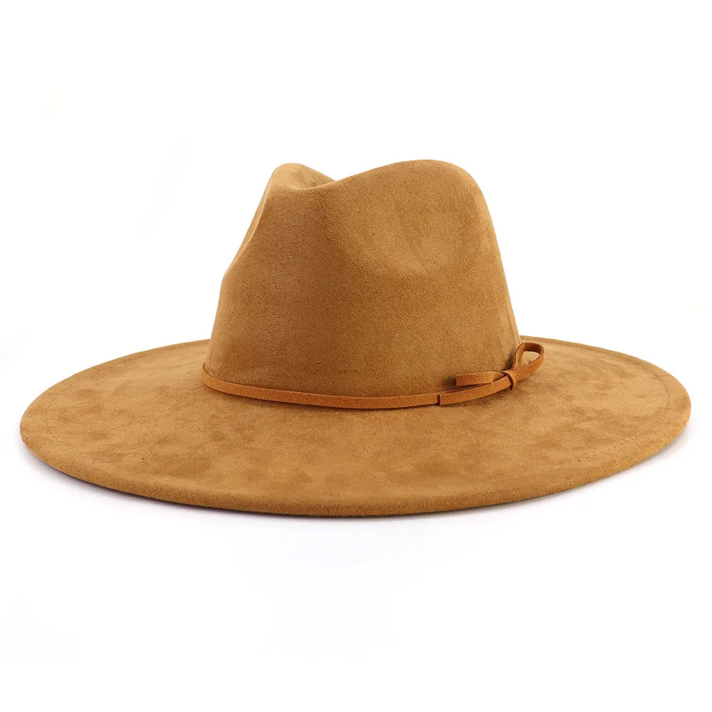 Wildleder Fedora Hut mit gleichen Farben Zubehör Teardrop Top breite Krempe Hut für Männer und Frauen Panama Hut Chapeau Homme Sombrero – Detail 6