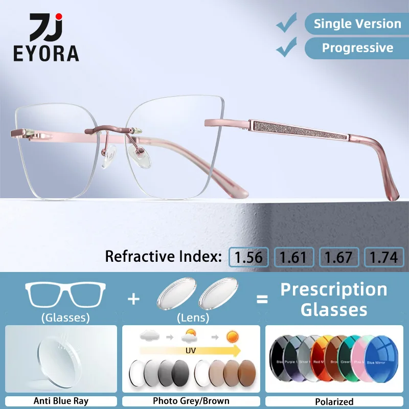 

EYORA Fashion Rimless Women Reading Glasses Myopia Eyewear Hyperopia Anti Blue Light Progressive Photochromic Eyeglasses Lens
