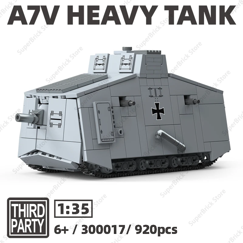 

WW1 German Troop Sturmpanzerwagen A7V Tank Model Building Block William II's Mobile Fortress War Military Vehicle Brick Toy Gift