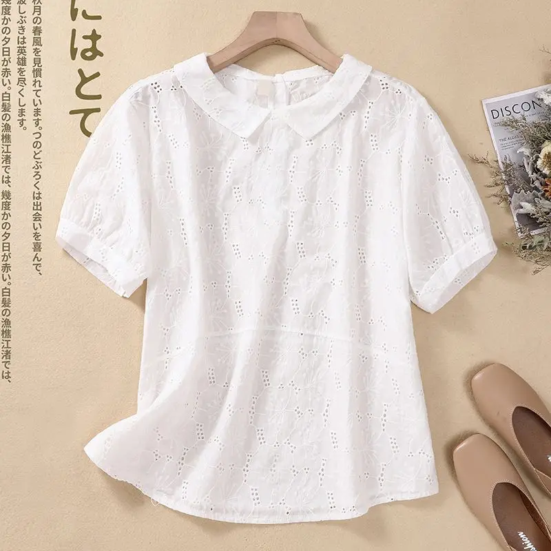 Korean Fashion Summer New Women\'s Peter Pan Collar Hollow Out Solid Color Jacquard Weave Sweet Loose Short Sleeve Shirts Tops