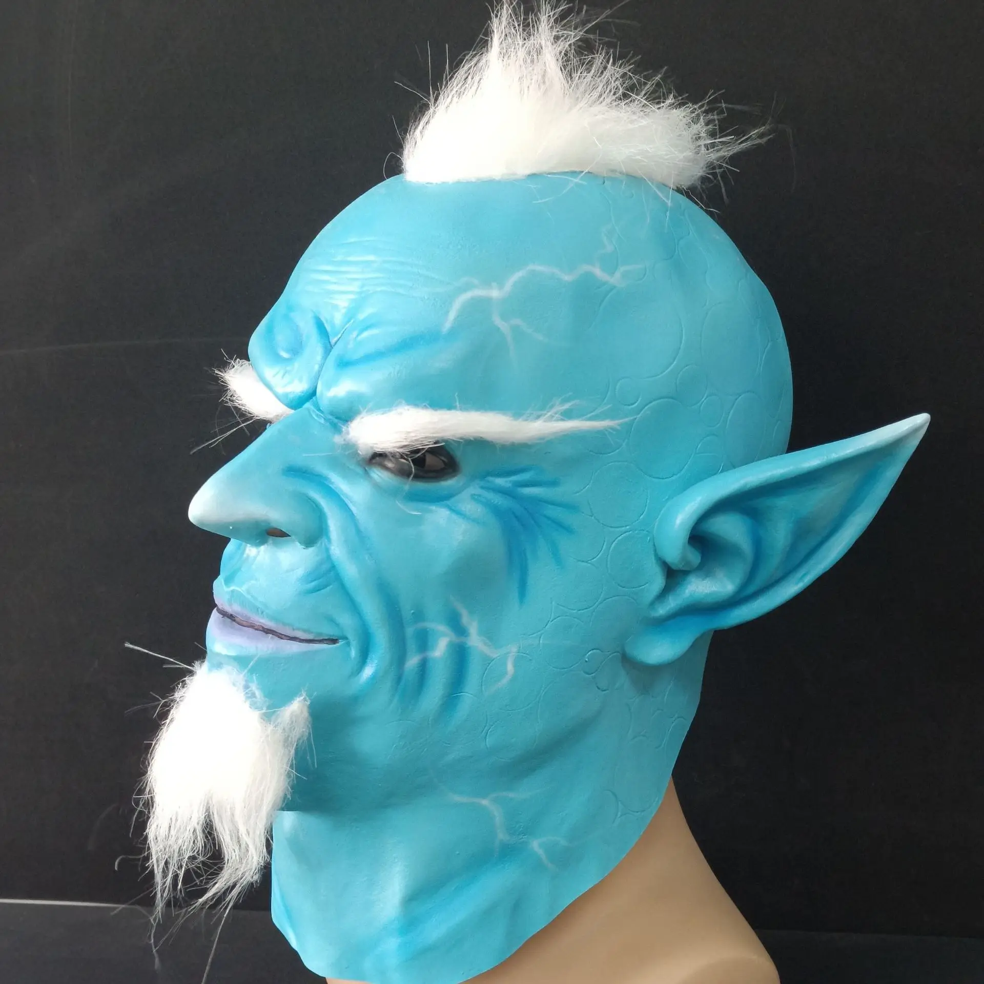 Blaue Fantasy-Elfen-Vollkopfmaske aus Latex mit weißem Haar, Bart, spitzen Ohren, Erwachsenen-Cosplay-Maske, Halloween-Karneval-Themenparty-Requisite – Detail 5