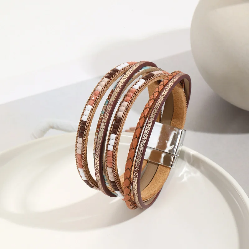 

Bohemian Magnetic buckle Leather Bracelet All-Matching Fashion Bangles for Women Multilayer Winding Jewelry Gift Ornament