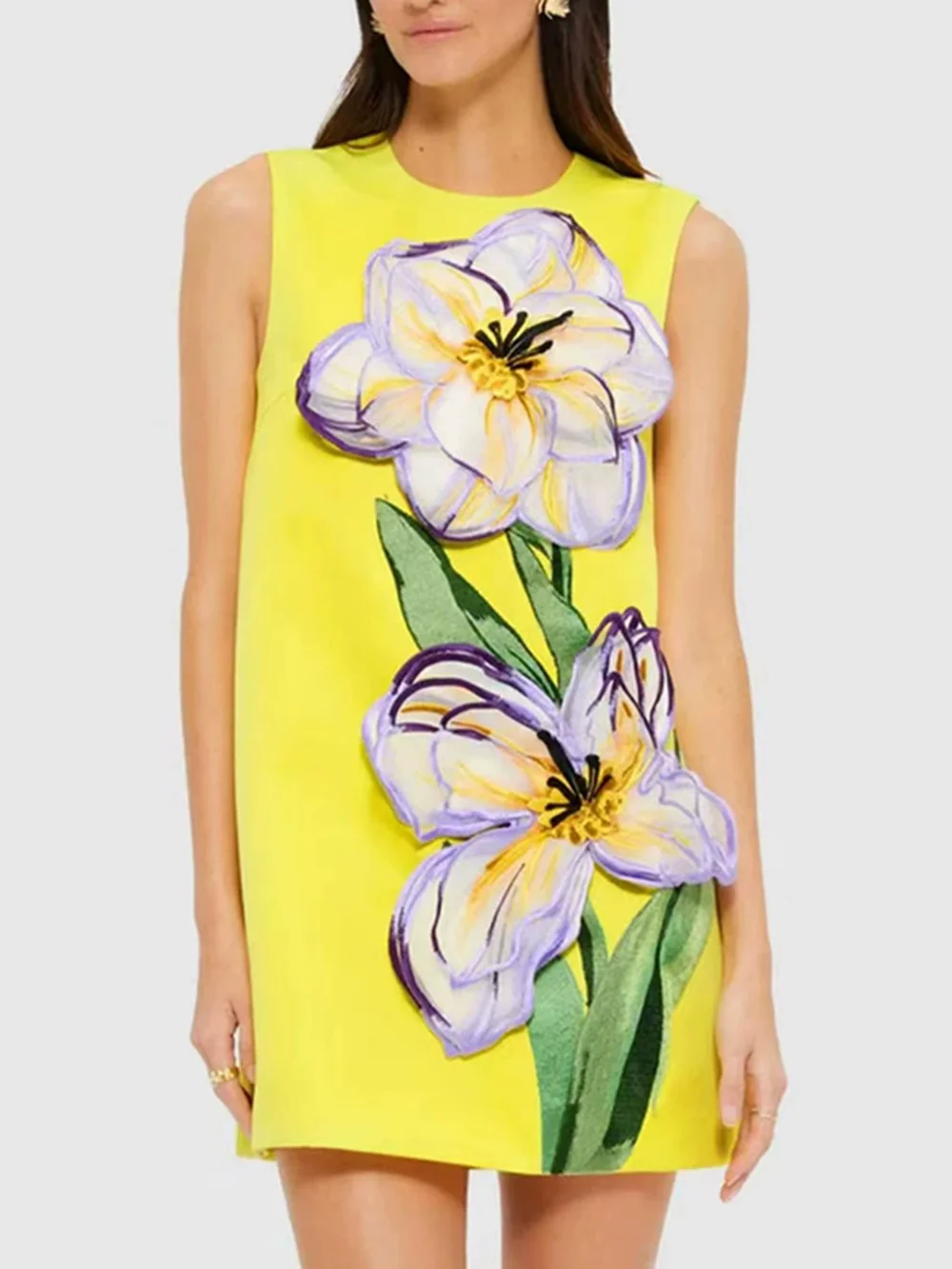 

Modphy Elegant Spliced Appliques Flower Slim Mini Vest Dresses For Women O Neck Sleeveless Chic Dress Female New