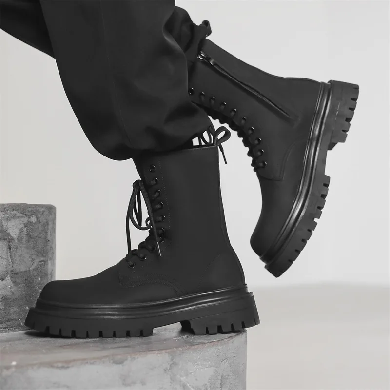 men's casual singer stage DJ dress high knight boots lace-up genuine leather shoes cowboy platform boot long motorcylce botas