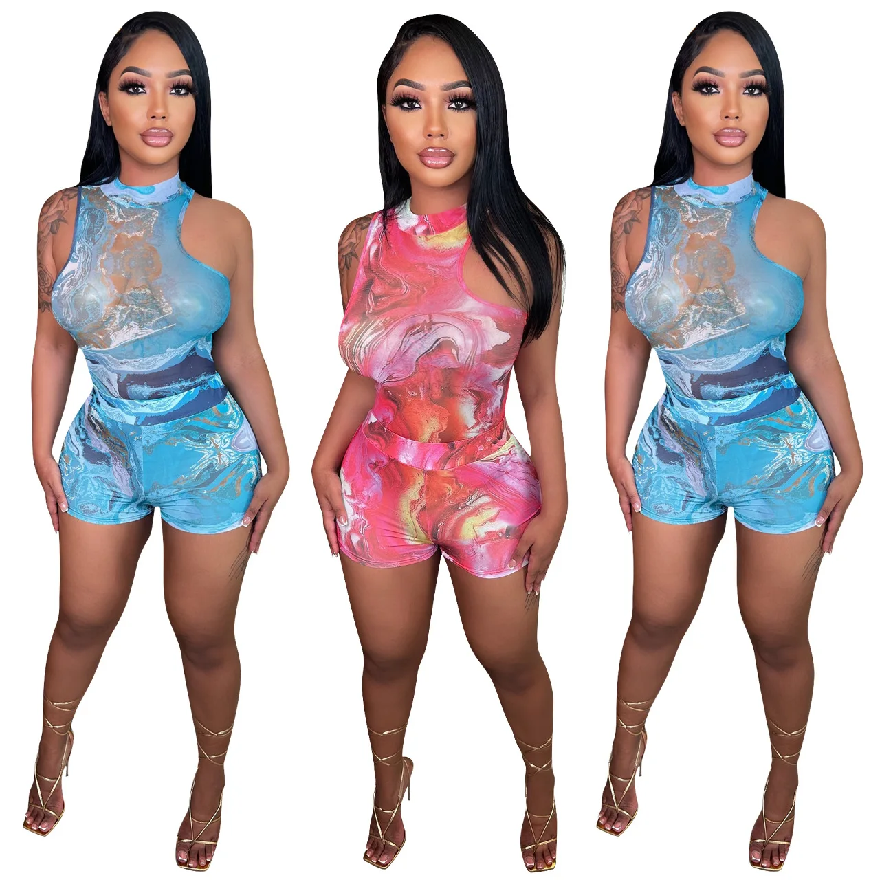 

Sheer Mesh Tie Dye Print Shorts Tracksuit Women Sexy See Through O Neck Sleeveless Top + Shorts Club Party Two Piece Set Outfits