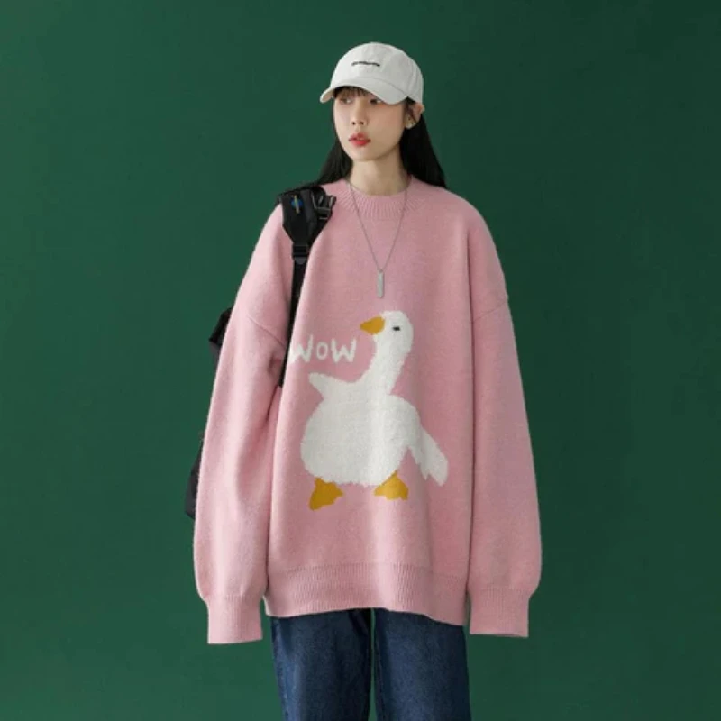 2024 y2k Autumn Cartoon Duck Wow Printed Harajuku Hip Hop Knitted Sweater Super Street Headwear Loose Sweater Hoodie