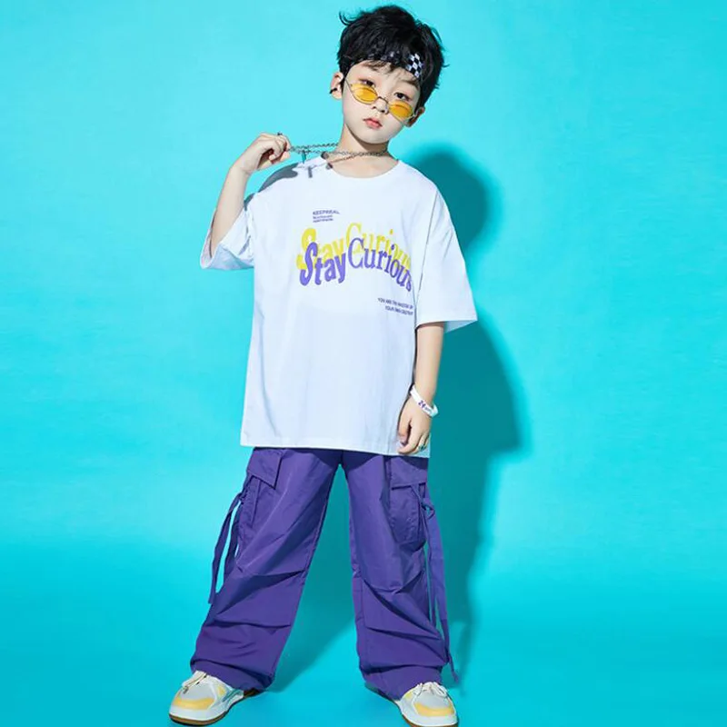 Kids Concert Hip Hop Clothing Oversize Tshirt Street Purple Cargo Pants For Girl Boy Jazz Dance Costumes Outfit Showing Clothes