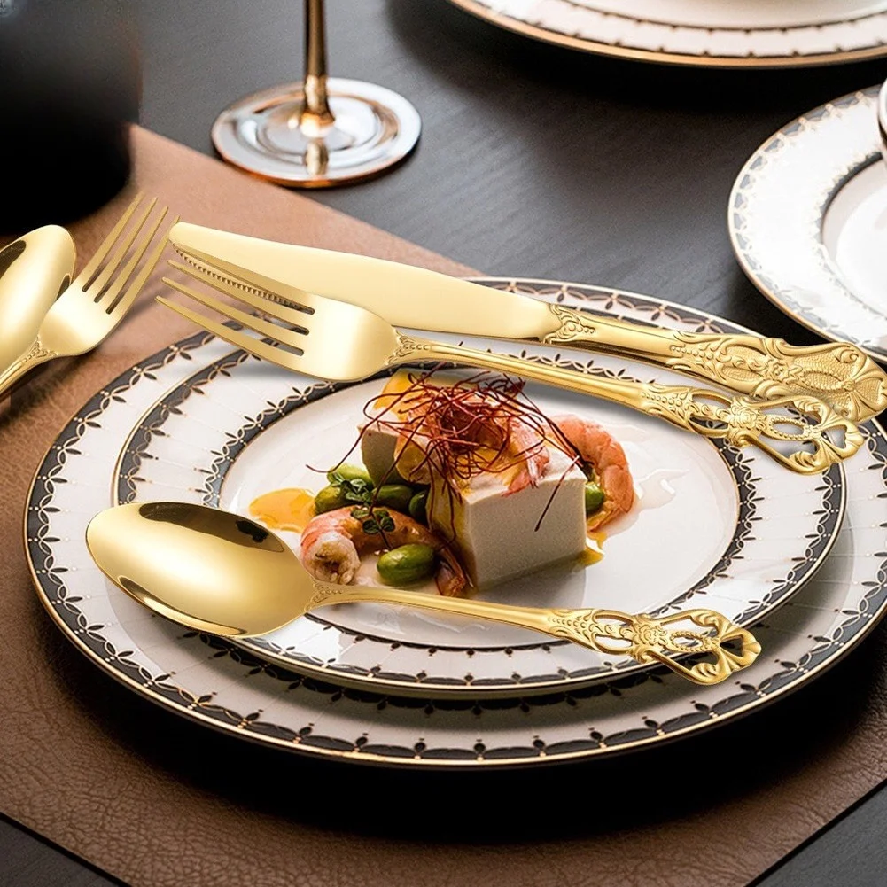 24-Piece Stainless Steel Flatware Set in Vintage Gold Finish for 6 with Baroque Styling for Home Restaurant Use