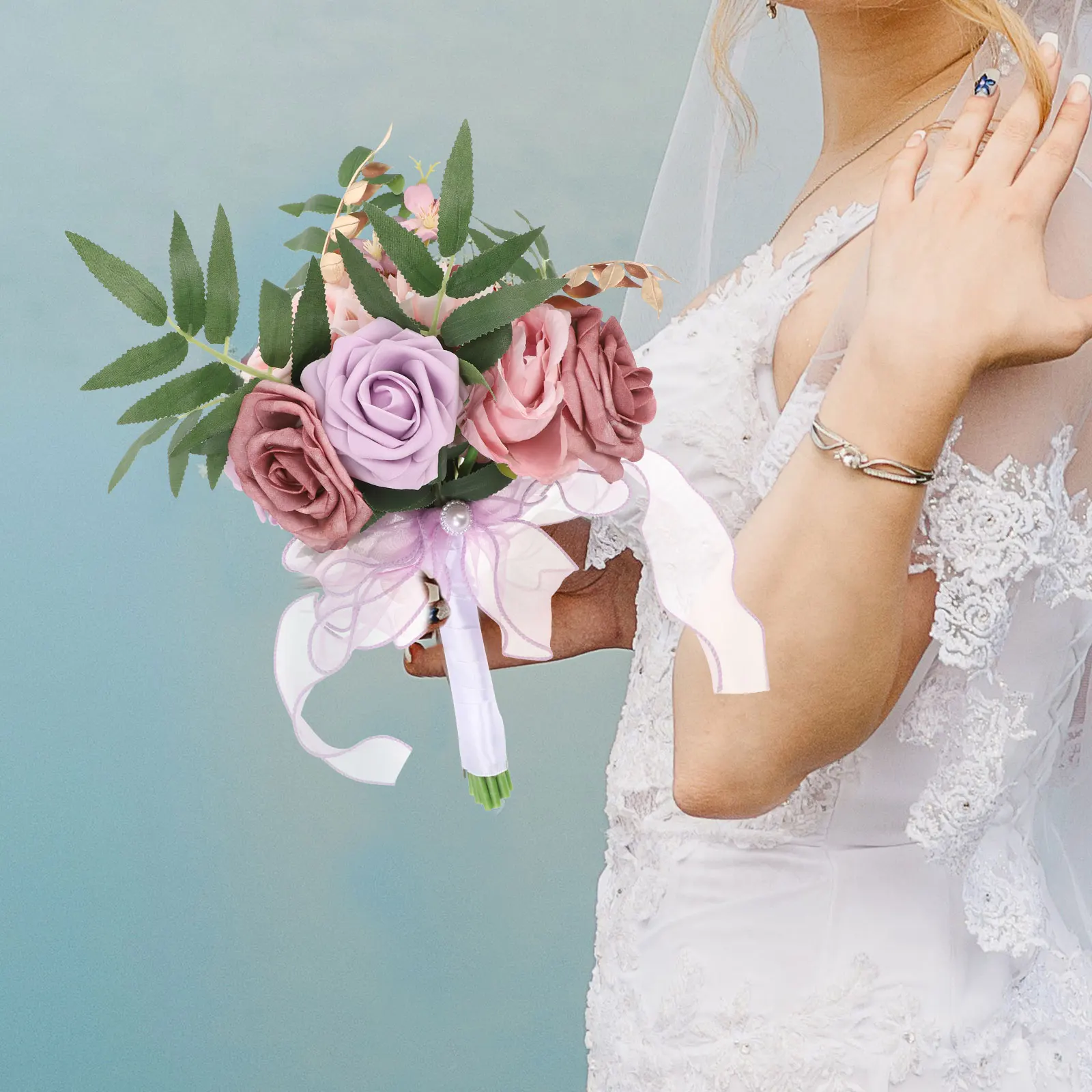 

Artificial Bridal Bouquet Pink White Eucalyptus Leaves Rose Flowers Fake Bunch for Wedding Home Parties Church Decoration