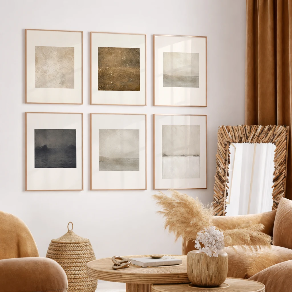 Set of 6 Abstract Landscape Neutral Beige Brown Misty Minimal Texture Abstract Minimalist Landscape Canvas Poster Wall Art
