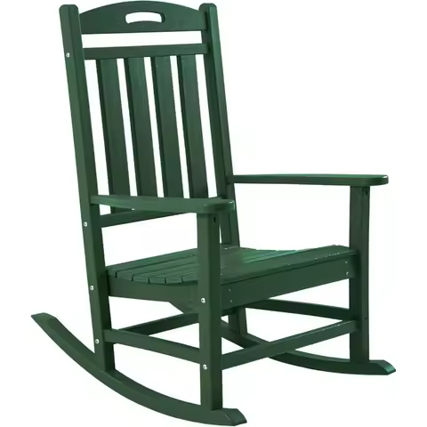 Pair of High-Back HDPE Outdoor Rocking Chairs, Weather-Resistant Patio Rockers for Deck, Porch, and Backyard.