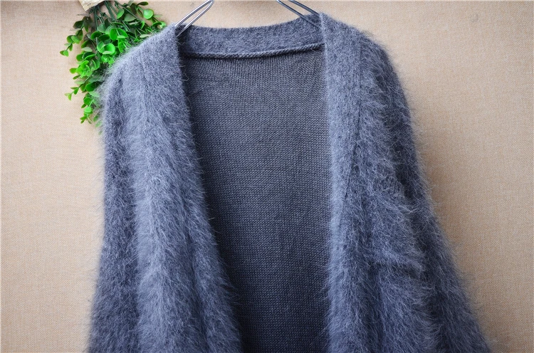 Female Women Fall Winter Clothing Grey Hairy Plush Mink Cashmere Knitted Long Sleeves Loose Cardigans Mantle Angora Sweater Coat