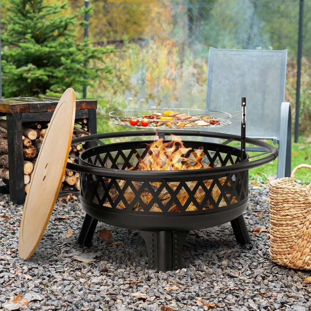

Wood Burning Fire Pit for Outside, Round Firepit with Grill & Metal Lid, Outdoor Fire Pit Table for Patio Backyard