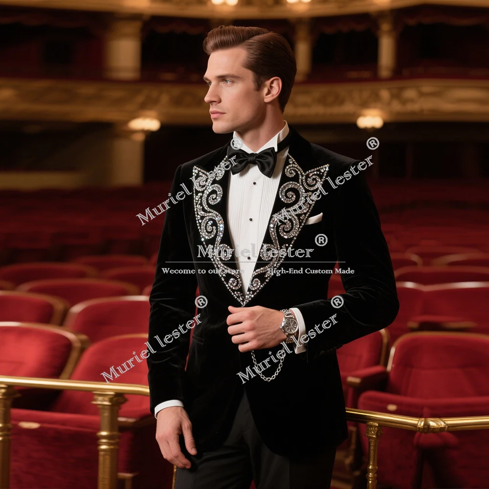 

Elegant Crystals Beaded Suits Men For Wedding Customized Peaked Lapel Prom Tuxedos Slim Fit Groom Formal Occasion Party Clothing