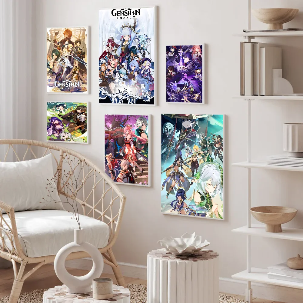 Anime Genshin Impact Game Vintage Posters Sticky Whitepaper Sticker DIY Room Bar Cafe Room Wall Decor