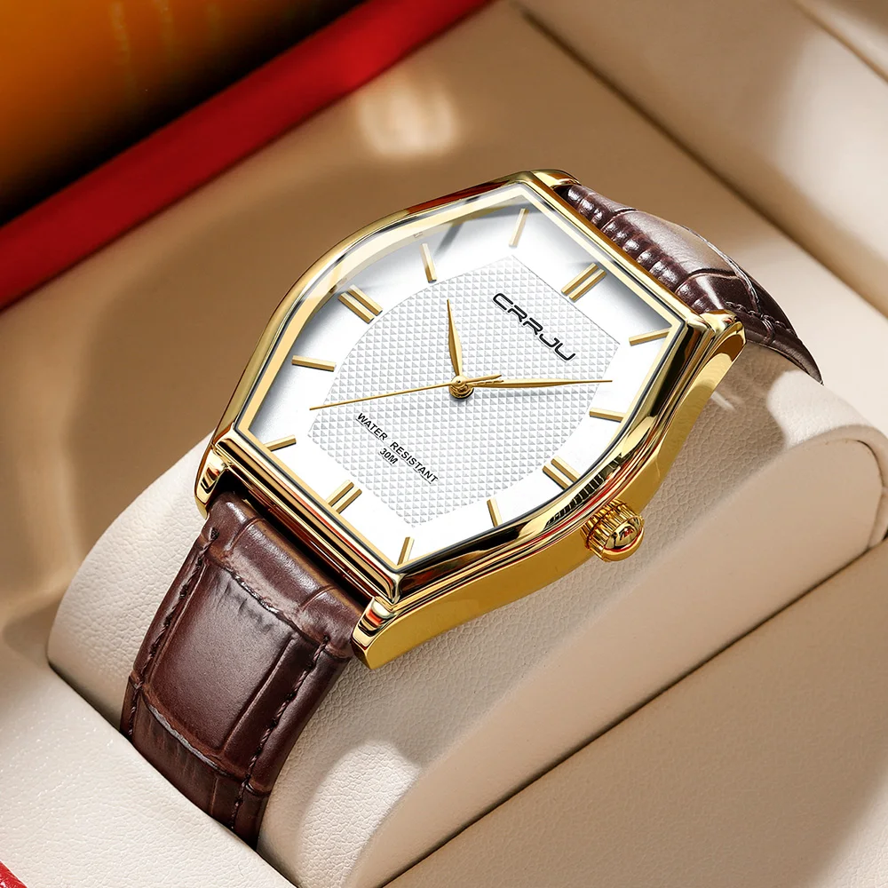 CRRJU Fashion Mens Watches Japan Quartz Slim Mesh Steel Leather Band Waterproof Relogio Masculino
