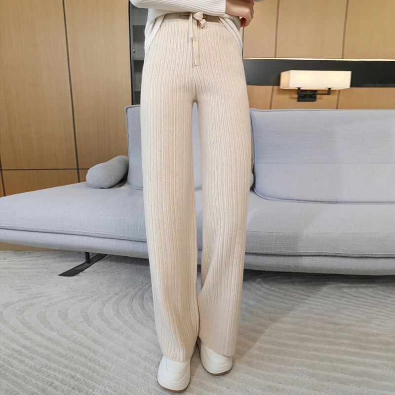 Women Thick Wide Leg Pants 100% Merino Wool Knitted Trousers Autumn Winter Striped Jacquard Pants Simple Style