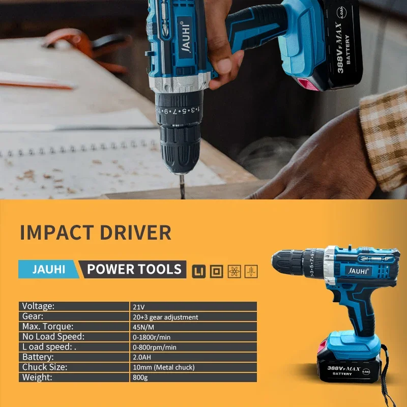 JAUHI 21V Cordless Drill 45N.m 20 Plus 3 Electric Screwdriver Keyless Chuck Two Gear Speed Wireless Power Driver Battery Tools