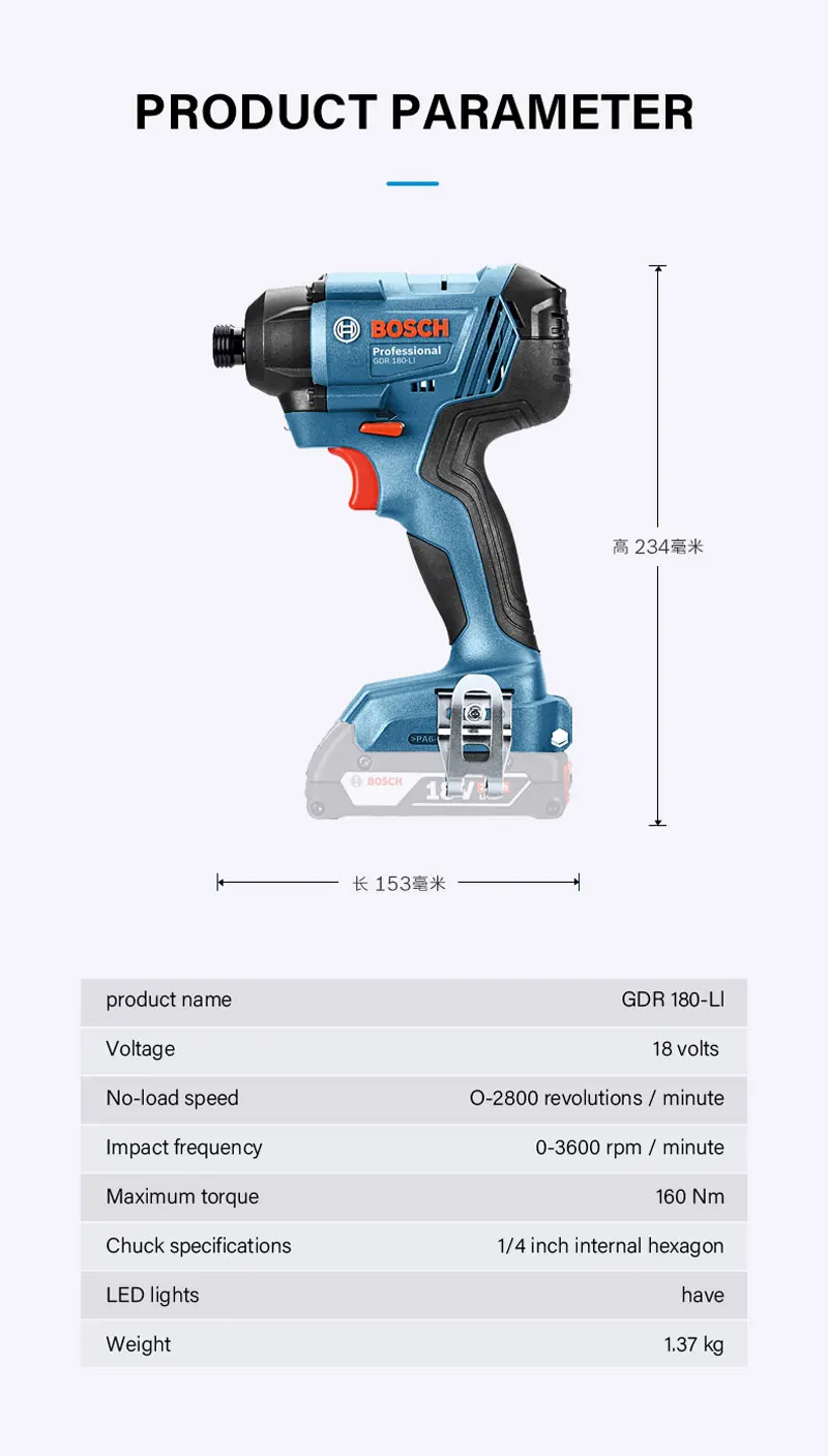 Bosch Impact Driver GDR 180-LI Cordless Wrench Electric Screwdriver 18V Lithium Battery Rechargeable Screw Driver Spanner