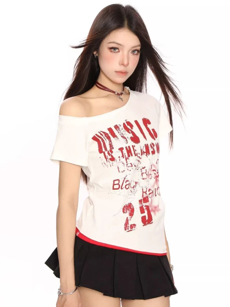 Retro americano fora do ombro t camisa feminina y2k carta impressão manga curta camisetas verão fino curto coreano casual topos streetwear
