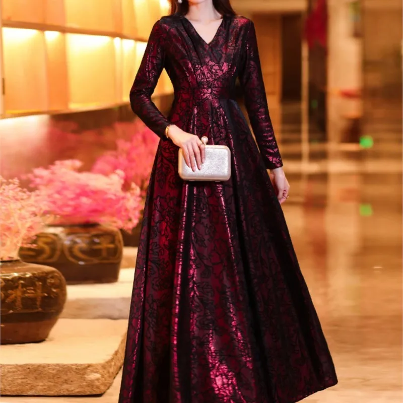 Dark red jacquard new saving luxury long sleeve skirt